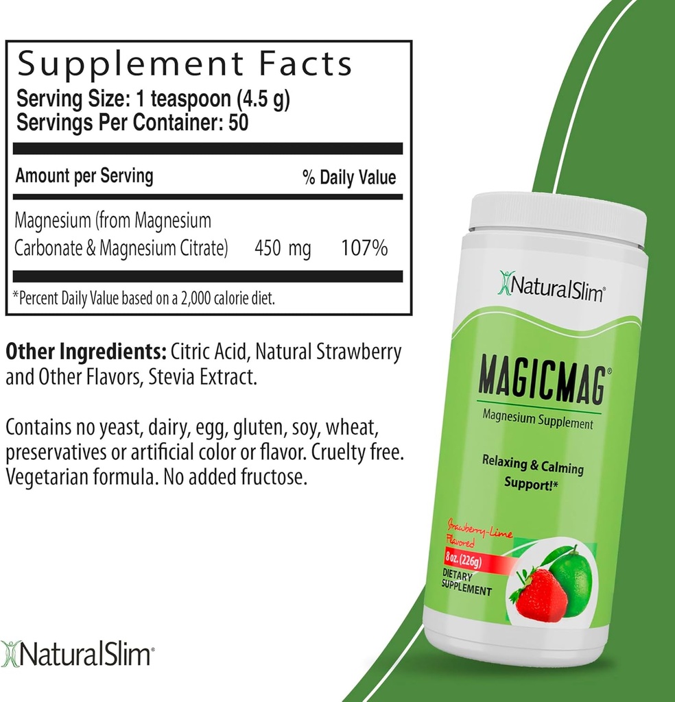 NaturalSlim Magicmag Pure Magnésium Citrate Powder – Stress, Constipation, Muscle et Soutien du cœur.