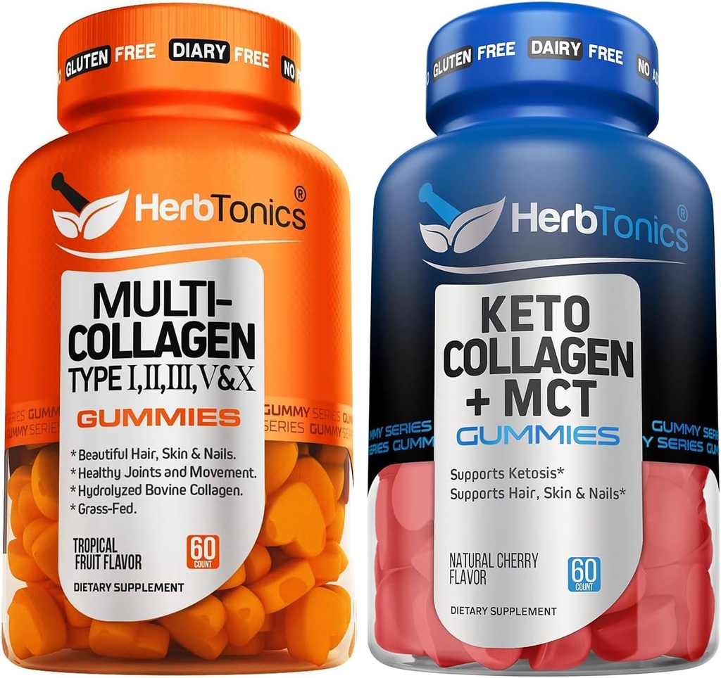 Herboronique Multi Collagène Gommies Type 1,2,3,5 & 10 avec Biotine pour la croissance des cheveux, la peau, les ongles Gommies de kéto avec MCT + Collagène