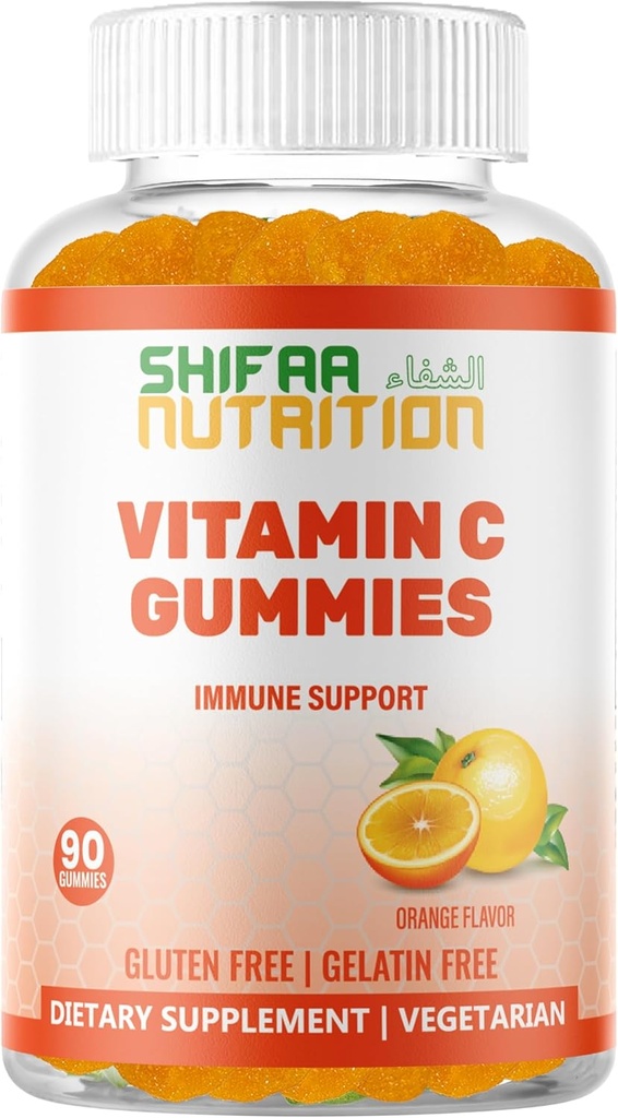 SHIFAA NUTRITION Vitamine végétale C Gommies de 90 gommies, 250mg 45 portions , sans OGM , sans gluten , sans gélatine , soutien immunitaire Gommies et soutien saisonnier pour enfants et adultes Vitamines halales