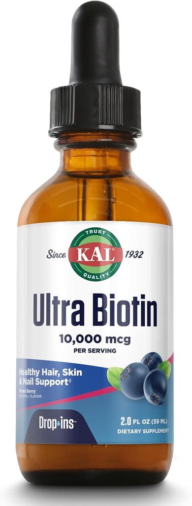 KAL Ultra Biotine 10000mcg DropIns, gouttes de biotine liquide, supplément de croissance des cheveux, vitamine B7 de haute puissance, cheveux sains, peau, ongles et soutien énergétique, saveur naturelle de baies mixtes, environ 59 Serv., 2oz