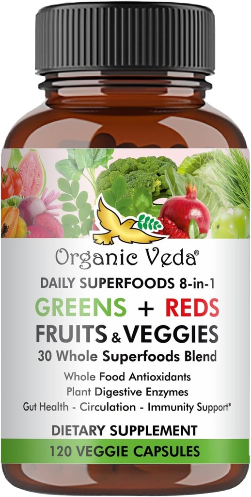 Bio Veda Super Greens Rouges Veggies Capsules - 8 sur 1 Daily 30 Superfoods bio entiers Supplément Fruits et légumes - Papaya Enzymes, Spiruline, Chlorella, Moringa, Beet, Turmeric - 120 Vegan