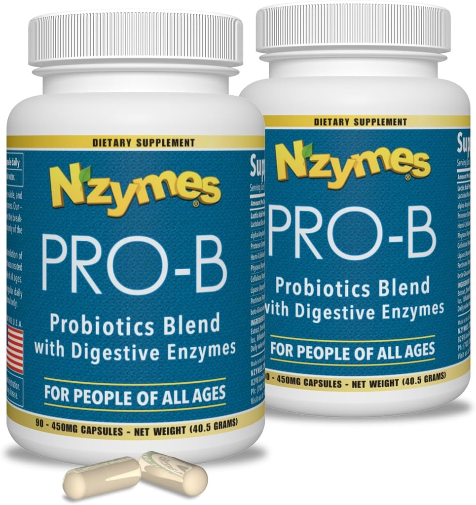 Nzymes® Probiotiques Pro-B et enzymes digestives pour l'équilibre digestif, une meilleure digestion, l'indigestion et la constipation (180 Caplets totaux) - Fabriqué aux États-Unis