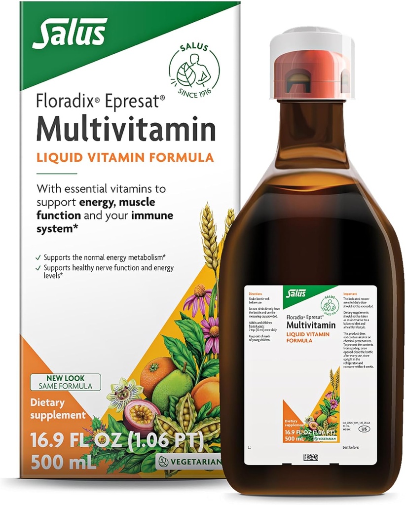 Floradix Epresat Multivitamine liquide adulte - Supplément à base de plantes - Supplément quotidien avec vitamine A, D, B6, chardon de lait et plus - Soutient l'énergie et la santé du foie - Végétarien, Non-OGM - 16,9 fl oz