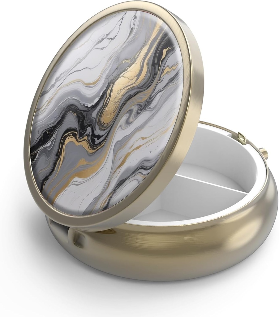 Pill Case Pill Box with Mirror Retro 3 Compartiment Petite Pill Case for Purse or Pocket Bronze Petite Pill Box or Vitamines, Huile de poisson, Suppléments, Pill Containe Travel Gifts(Black Gold Marble)