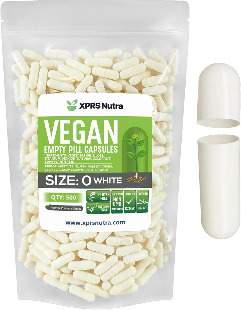 XPRS Nutra Size 0 Empty Capsules - 500 Count Empty Vegan Capsules - Vegetarian Pills - DIY Vegetable Capsule Filling - Veggie Pill Caps for Do-It-Yourself Supplements (White)