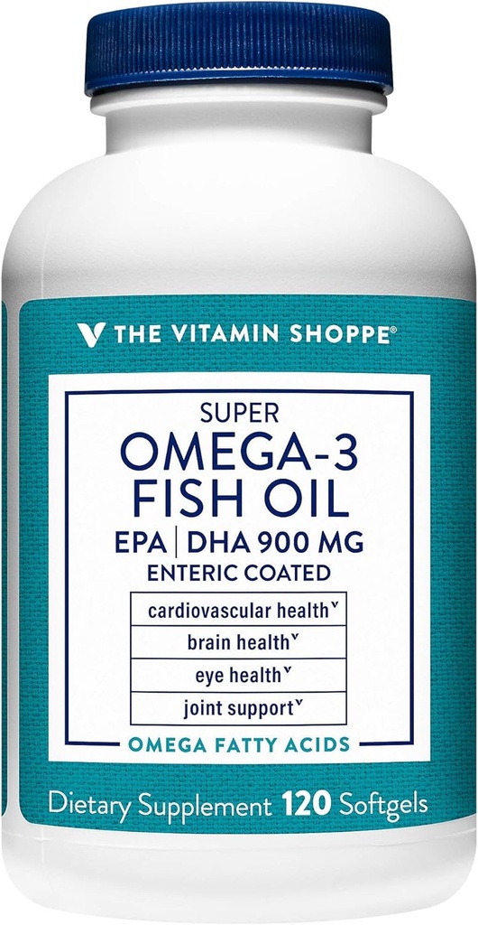 La vitamine Shoppe Omega 3 Huile de poisson 1290mg, EPA 735mg et DHA 165mg, Pureté assurée, Distillée moléculairement pour soutenir la santé cardiovasculaire, articulaire et cérébrale (120 Softgels)