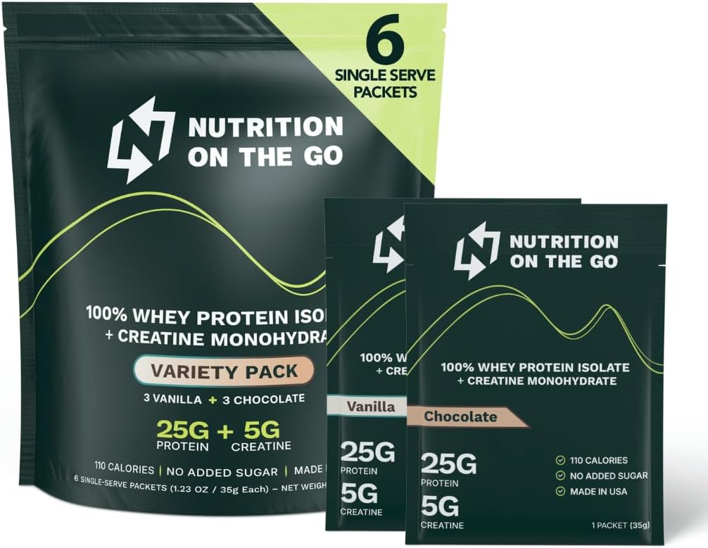 Nutrition On The Go Whey Protein Isolate Packets with Creatine – 25g Protein + 5g Creatine – Single-Serve Travel Protein Powder - Variety Pack (Vanilla & Chocolate) (6-Pack)
