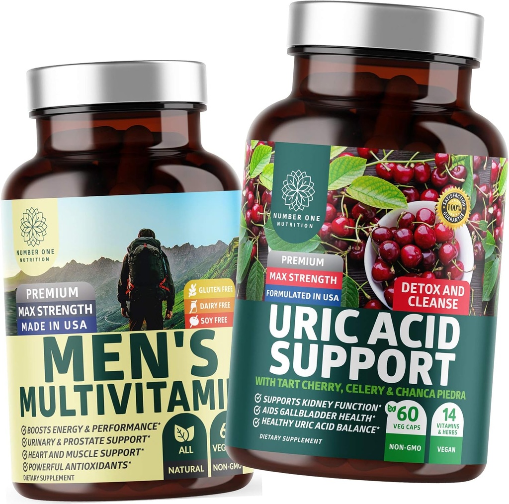Nutrition N1N Premium Uric Acid Support et multivitamines pour hommes, tous les suppléments naturels pour soutenir les niveaux d'énergie, la santé de la prostate et les fonctions de tract urinaire, 2 packs