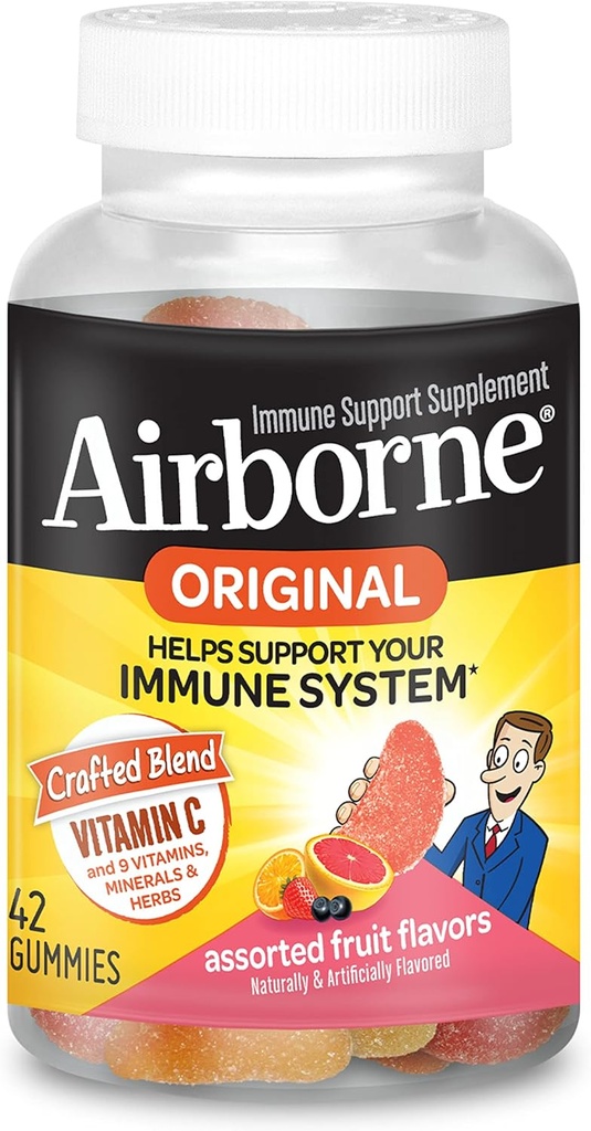 Airborne Vitamin C 750mg (per Serving) Assorted Fruit Flavored Gummies (42 Count in a Bottle), Gluten-Free Immune Support Supplement with Vitamins A C E, Selenium, Echinacea & Ginger