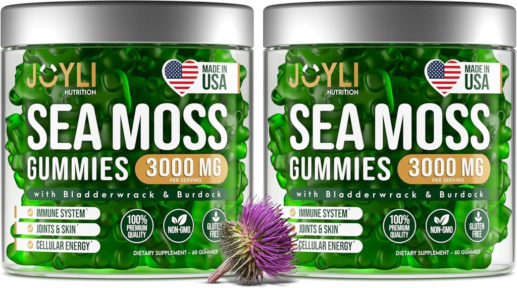 JOYLI Nutrition 2 Pack - Gommies de mousse de mer pour adultes et enfants – Supplément de mousse de mer irlandais végétalien avec bladderwrack et racine de dard – Suppléments de soutien immunitaire sans sucre - 60 ours gommy par pack