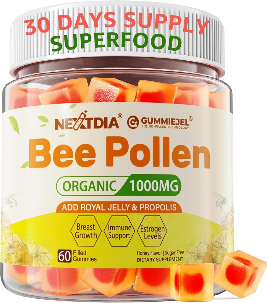 Bee Pollen Organic 1000mg, w/Propolis, Royal Jelly, Sucre sans abeille Pollen Gummies Riche en B-Vitamine, Antioxydants, Acides aminés, Supplément de pollen d'abeille pour l'énergie, la peau et l'Immune (1 paquet)