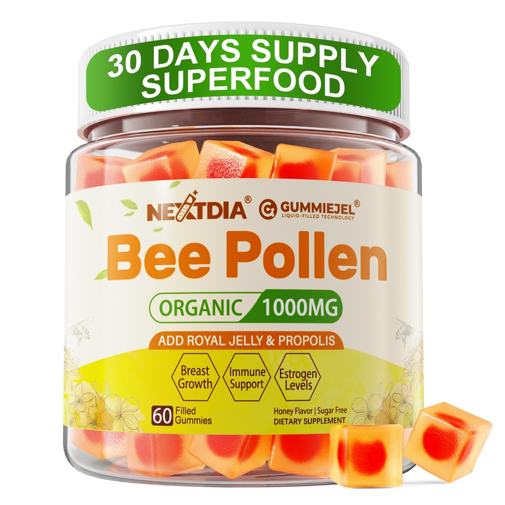 Bee Pollen Organic 1000mg, w/Propolis, Royal Jelly, Sucre sans abeille Pollen Gummies Riche en B-Vitamine, Antioxydants, Acides aminés, Supplément de pollen d'abeille pour l'énergie, la peau et l'Immune (1 paquet)