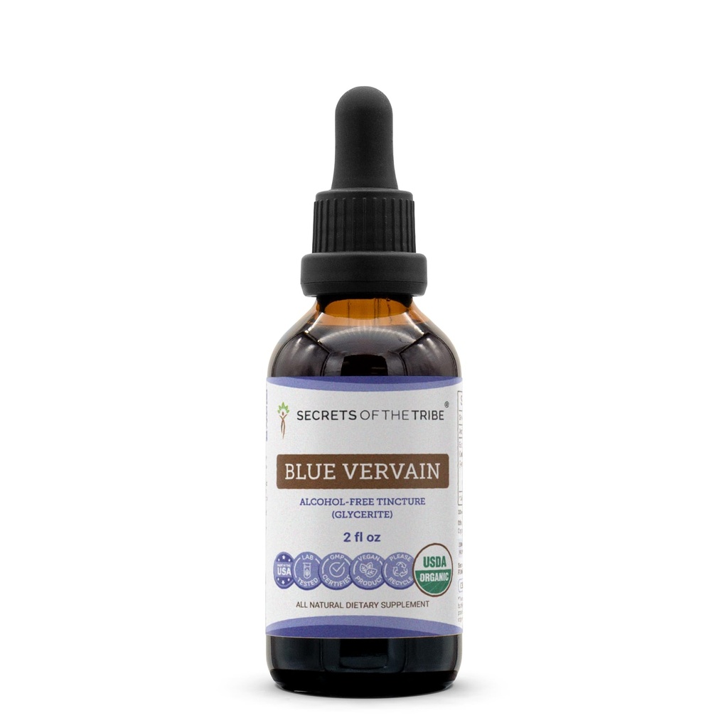 Secrets de la Tribe Blue Vervain USDA Organic (Hastata) Extrait sans alcool, gouttes à base de plantes à haute puissance.