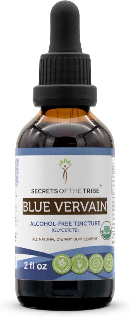 Secrets de la Tribe Blue Vervain USDA Organic (Hastata) Extrait sans alcool, gouttes à base de plantes à haute puissance.