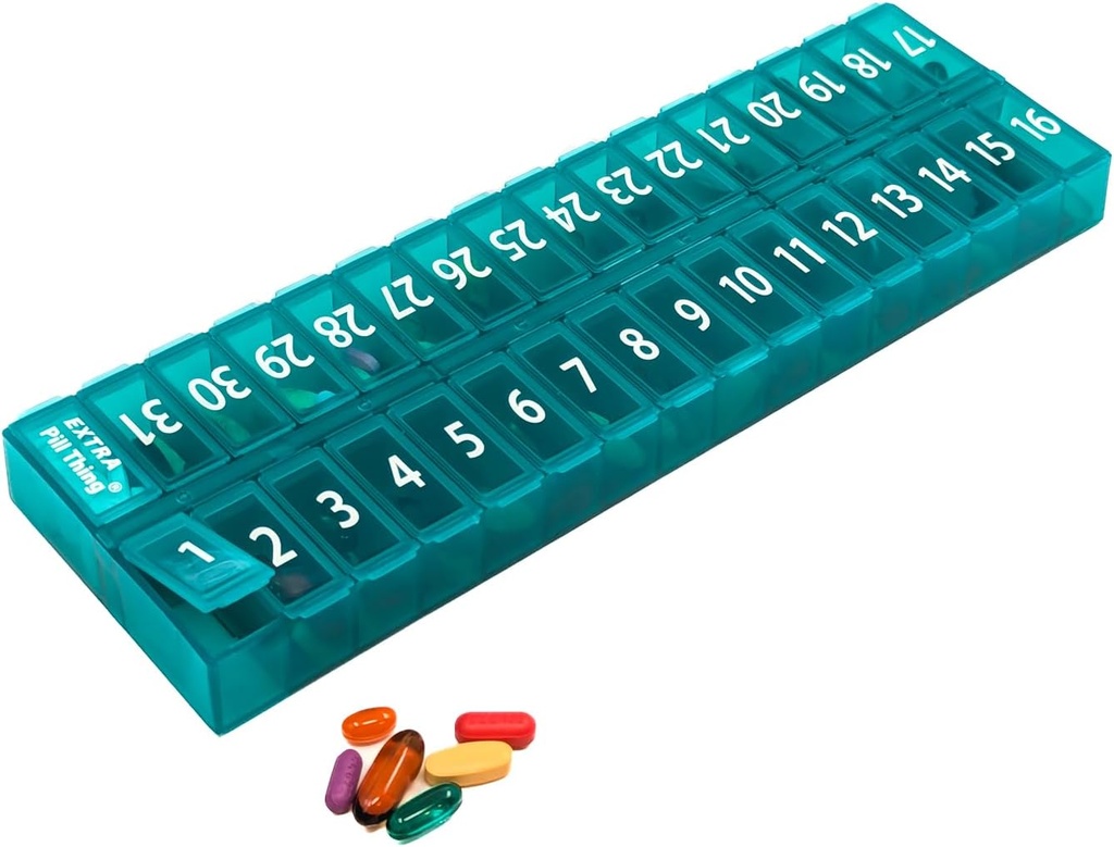 Une fois par jour Monthly Pill Organizer Remotable Lid for Easy Loading - Grand Compartiment Pill Box Médicaments pour mois entier plus un Compartiment pour pilules supplémentaires BPA Free