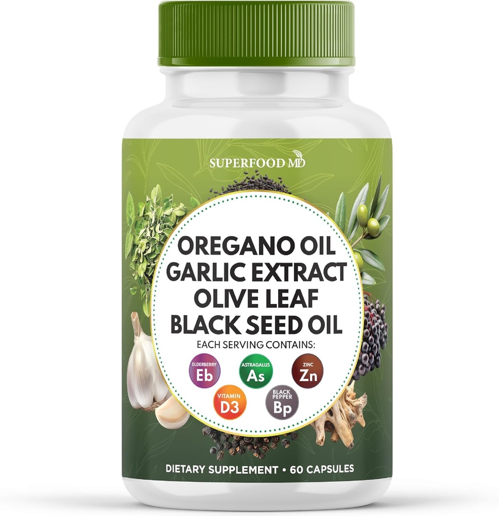 Superfood MD Origan Oil Extrait d'ail Olive Leaf Huile de graines noires Astragalus- pour les femmes et les hommes- 60 Compte