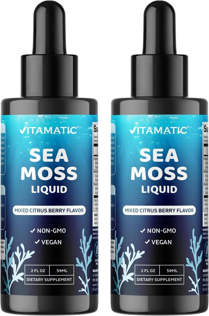 Vitamatic 2 Packs Liquid Bio Irish Sea Moss - Fabriqué avec Bladderwrack & Burdock Root - 2800 mg par portion - 2 FL OZ - Seamoss Total 4 oz