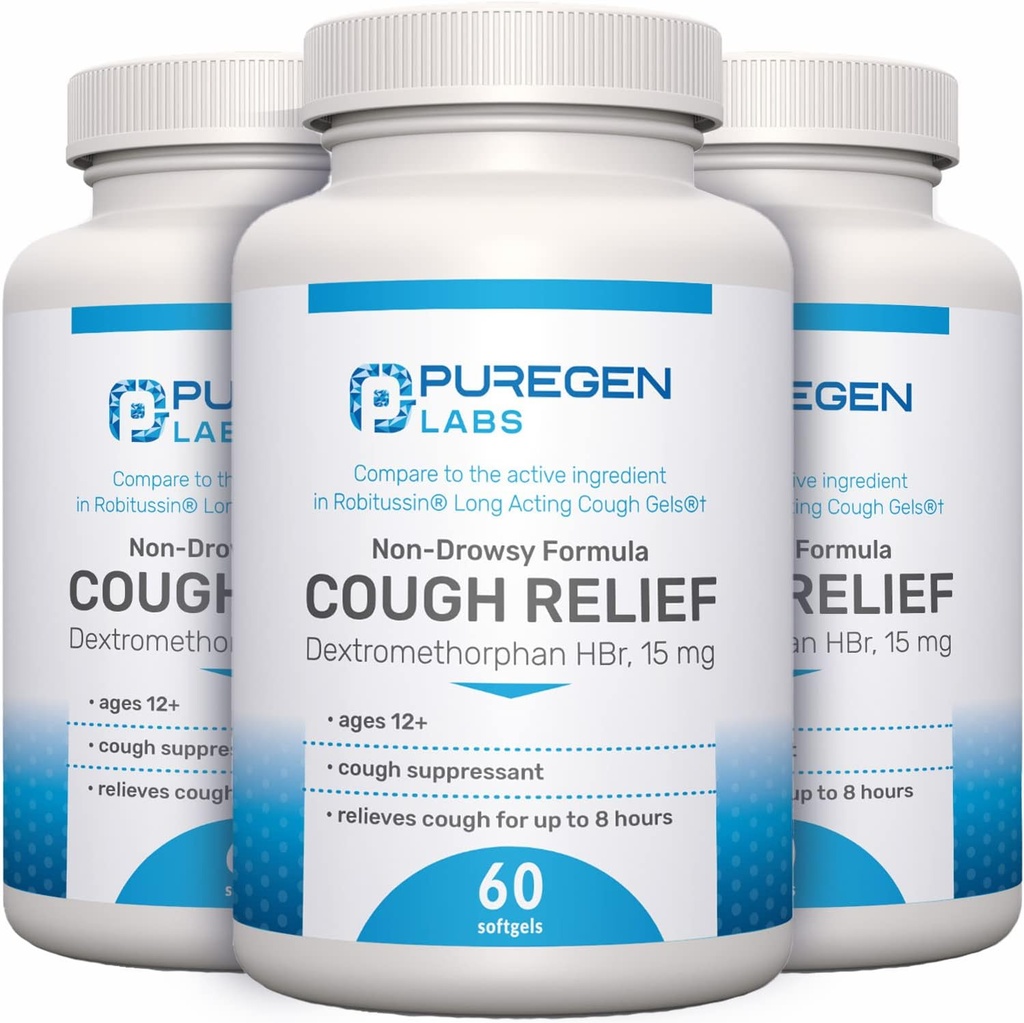 P Puregen Labs Cough Relief for Adults Dextromethorphan HBr 15mg, 8 heures, non somnolent, longtemps Bronchial Suppressant.