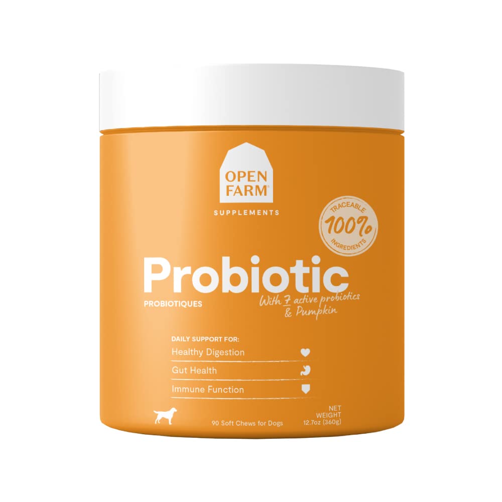 Choux Probiotiques Open Farm, supplément pour chien, vitamines pour chien, soutient le mouvement normal de la flore et du Bowel à l'aide d'ingrédients traçables et approuvés par les vétustes, 12,7 oz, 90 Compte