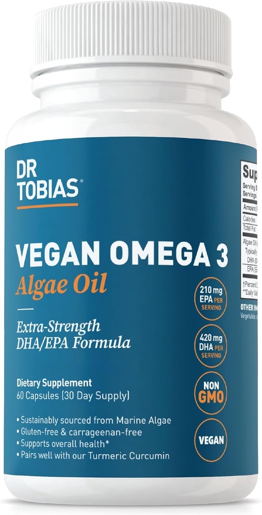 Dr Tobias Vegan Omega 3 Supplément, 1400mg Huile d'algues, 420mg DHA, et 210mg EPA par portion, non-OGM, sans gluten, sans carrageenan, 60 capsules, 30 portions