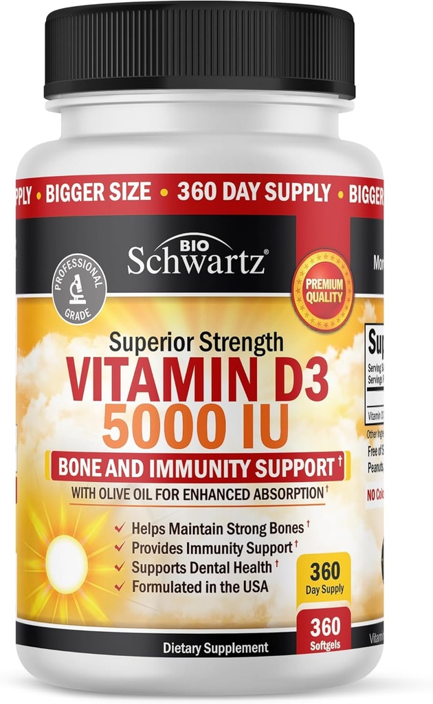 Vitamine D3 5000 UI (125 mcg) Supplément de soutien immunitaire naturel, force osseuse, fonction musculaire saine, avec l'huile d'olive pour la plus grande absorption, sans gluten et sans OGM, 1 an d'approvisionnement, 360 softgels