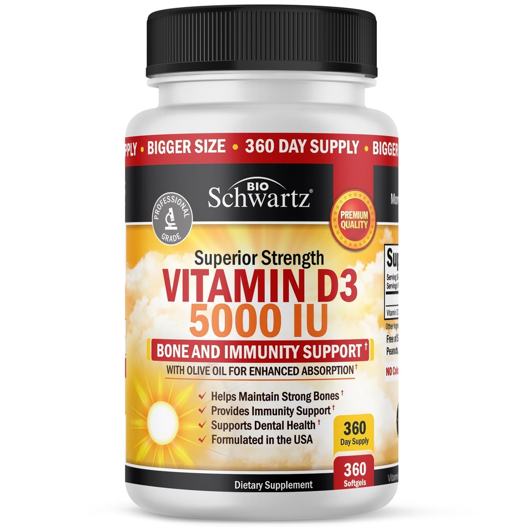 Vitamine D3 5000 UI (125 mcg) Supplément de soutien immunitaire naturel, force osseuse, fonction musculaire saine, avec l'huile d'olive pour la plus grande absorption, sans gluten et sans OGM, 1 an d'approvisionnement, 360 softgels