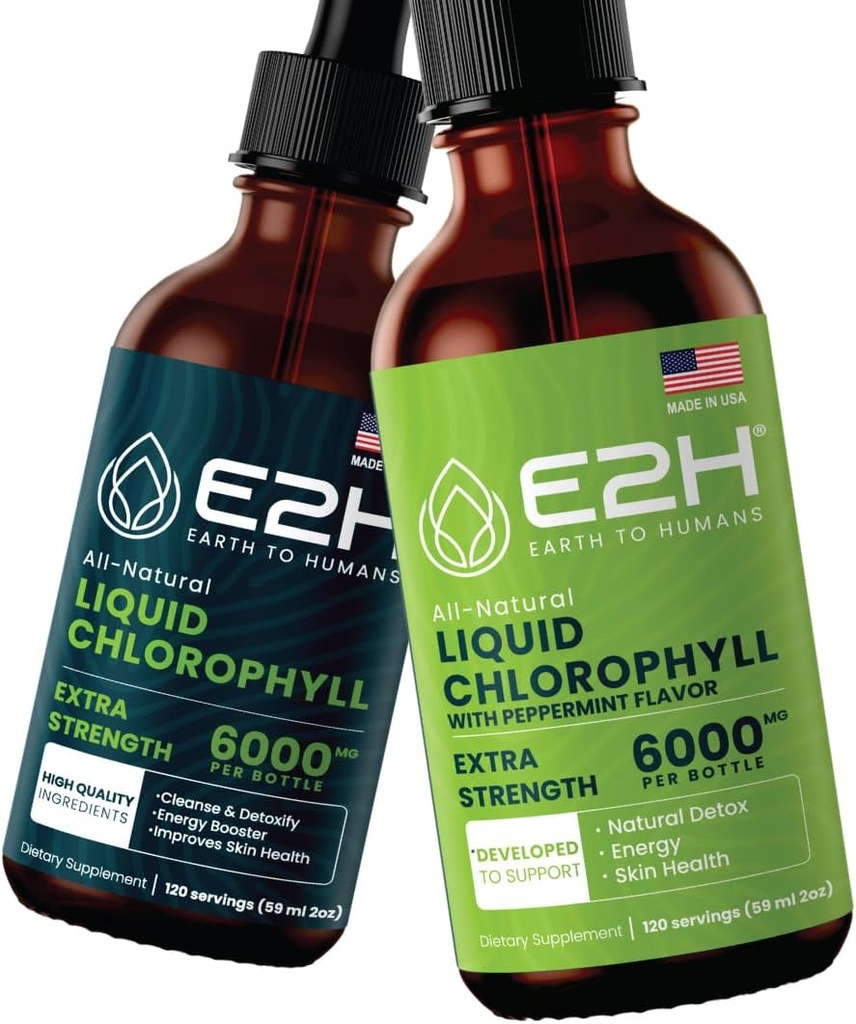E2H: Chlorophylle liquide Saveur naturelle et menthe poivrée Saveur végétale, non-OGM - 2 Fl Oz chacun (4 Fl Oz Total) - Ensemble