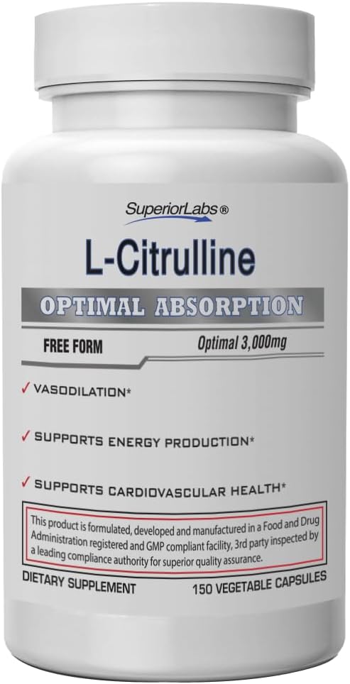 Superior Labs L-Citrulline 3000 mg, Non-OGM, Acid Amino sans haute capacité, Booster d'oxyde nitrique et de vasodilation, Pompe musculaire pré-entraînement, Endurance, Support cardiovasculaire, 150 bouchons