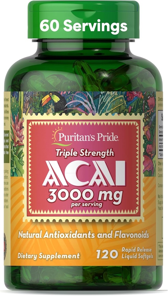 Puritan's Pride Triple Strength Acai 150 MG (3000 mg équivalent) avec des propriétés antioxydantes et des flavonoïdes, 2 mois d'approvisionnement, 120 softgels liquides à libération rapide