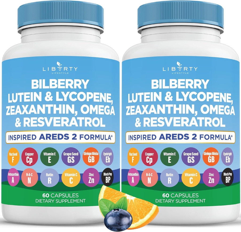 Vitamines pour la santé oculaire avec Bilberry, Lutéine et Zeaxanthin, Lycopène, Resvératrol, Extrait de graines de raisin, Astaxanthine de lin- AREDS 2-120 Capsules