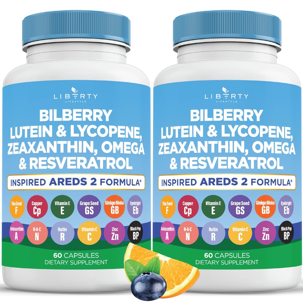 Vitamines pour la santé oculaire avec Bilberry, Lutéine et Zeaxanthin, Lycopène, Resvératrol, Extrait de graines de raisin, Astaxanthine de lin- AREDS 2-120 Capsules