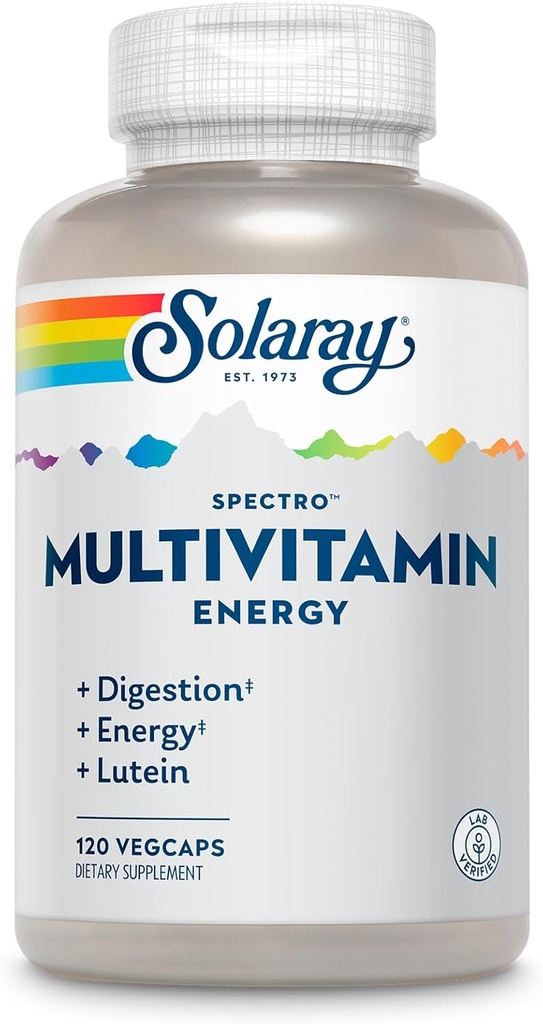 SOLARAY Spectro Energy Multivitamine pour les femmes et les hommes - Énergie cellulaire, digestion, santé oculaire et immunosupport - w/vitamine A, Complexe vitamine B, CoQ10, Fer, Enzymes, Lutéine - 30 Serv., 120 VegCaps