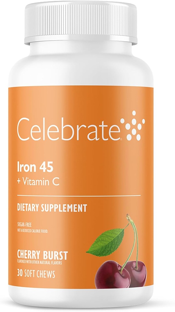 Célébrez le supplément de fer aux vitamines C - 45mg Fer, 60mg Vitamine C, Vitamines bariatriques pour les patients atteints de SDF, Chirurgie de contournement verticale et gastrique - Cerise, 30 Chews doux