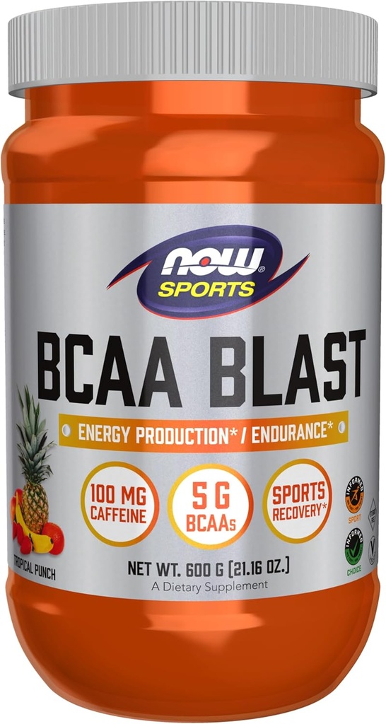 NOW Foods Sports Nutrition, BCAA Blast Powder, 5 g BCAA, 100 mg de caféine, Tropical Punch, 600-Grams