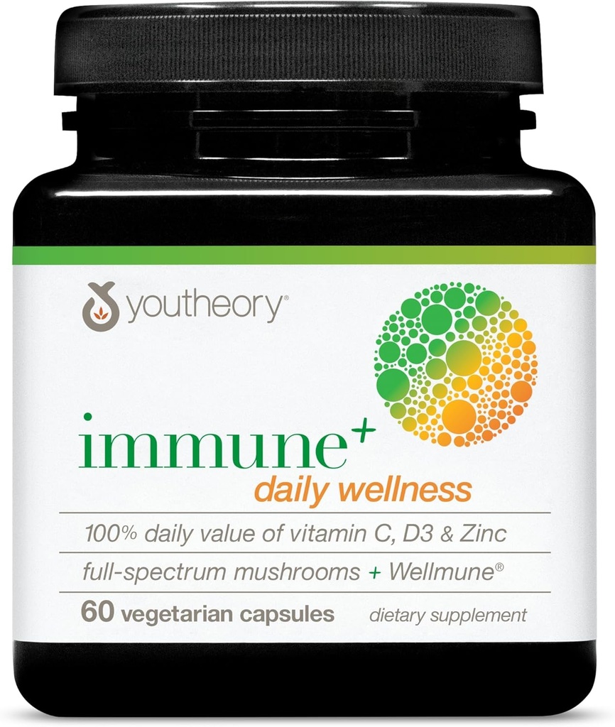 Youtheory Immune+ Daily Wellness - Supplément de soutien aux immunes végétariennes avec vitamine C, vitamine D3 et zinc* - Supplément de champignons avec la queue de dinde, Cordyceps et Reishi - 60 capsules végétariennes