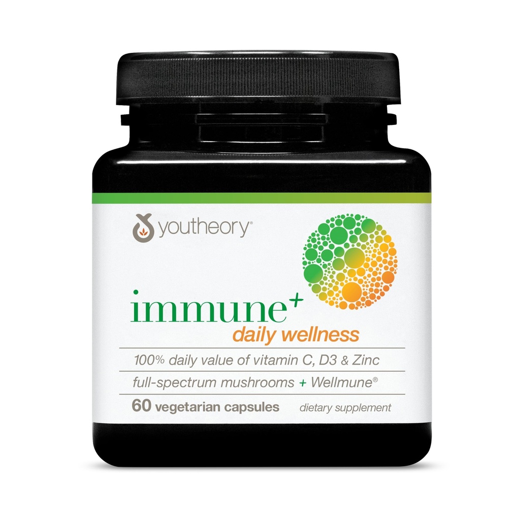Youtheory Immune+ Daily Wellness - Supplément de soutien aux immunes végétariennes avec vitamine C, vitamine D3 et zinc* - Supplément de champignons avec la queue de dinde, Cordyceps et Reishi - 60 capsules végétariennes
