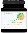 Youtheory Immune+ Daily Wellness - Supplément de soutien aux immunes végétariennes avec vitamine C, vitamine D3 et zinc* - Supplément de champignons avec la queue de dinde, Cordyceps et Reishi - 60 capsules végétariennes