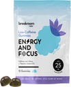 Breakroom Labs Energy and Focus Gummies – Low Caffeine 25mg w/L-Theanine, Lions Mane, Vitamine B12 – Supplément Cerveau Nootropique pour Adultes, Enfants - Vegan, Low Sugar, Blue Raspberry Flavor, 15 portions