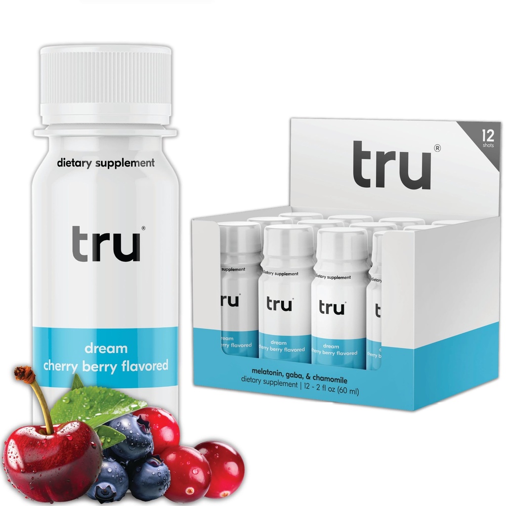 Tru Dream Shot, supplément de sommeil extra-fort avec Melatonine, GABA, Camomille et Magnésium, boisson de bien-être aromatisée aux baies de cerise, sans gluten, végétalien, caféine et sans sucre, 2 bouteilles FL OZ, 12 packs