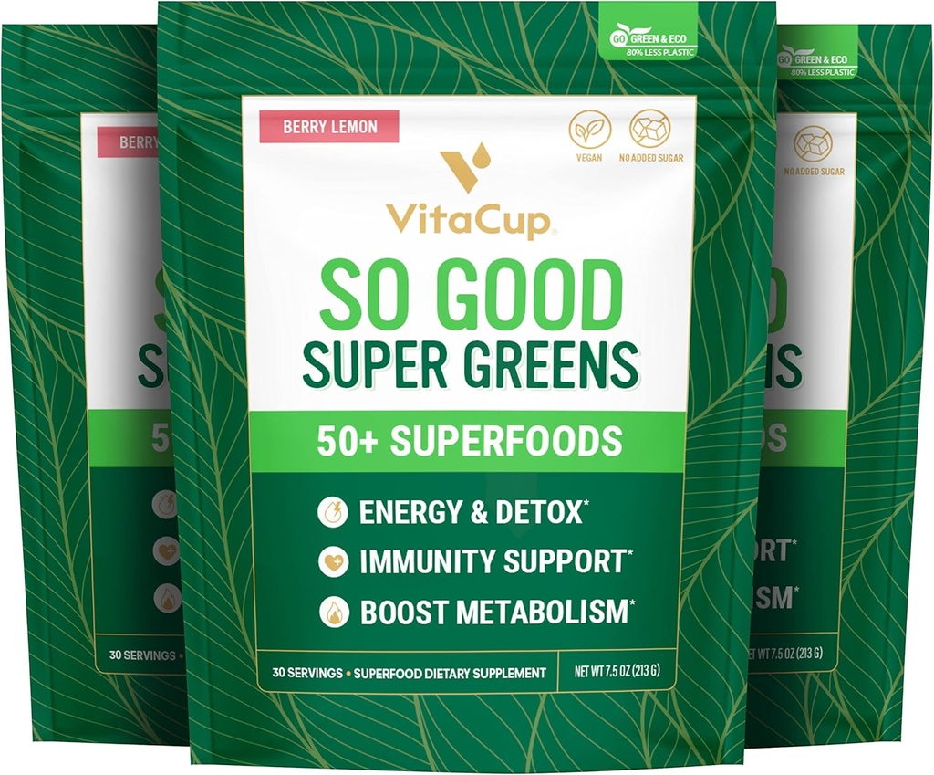 VitaCup Super Greens Poudre Smoothie & Juice Mix w/ 50+ Superfoods Premium, Santé Digestive, Bloating Relief, Détox, Gut Health w/Probiotiques, Antioxydants, Berry Lemon, 30 portions chacun, 3 sacs