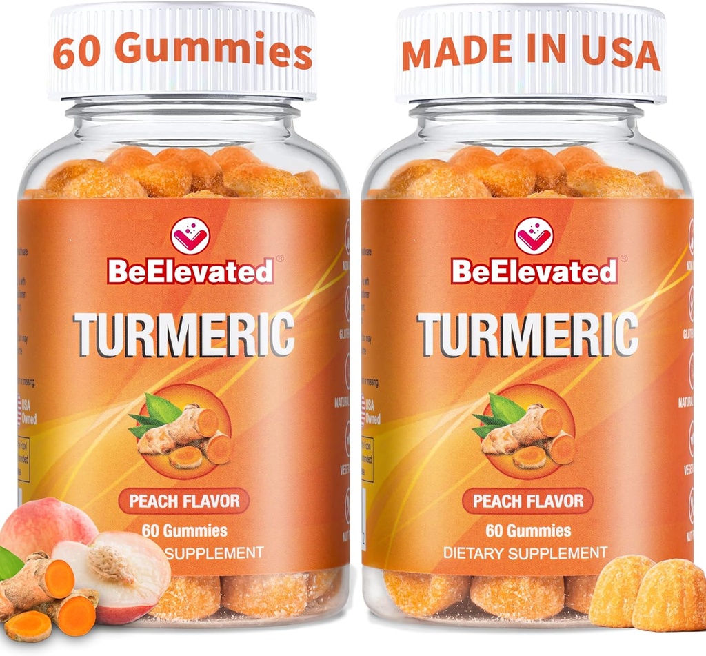 Gummies curcumines Turcuma – Extra Strength 2000mg 8:1 Extract Turmeric Supplément Gummies avec le poivre noir et le gingembre – Vegan non-OGM Joint Support Chewables – Peach Flavor - Pack de 2