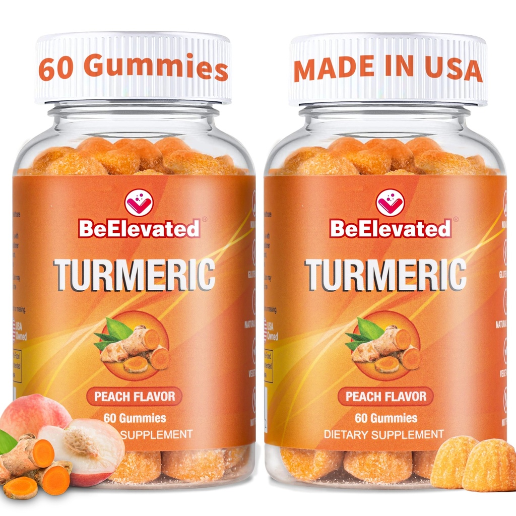 Gummies curcumines Turcuma – Extra Strength 2000mg 8:1 Extract Turmeric Supplément Gummies avec le poivre noir et le gingembre – Vegan non-OGM Joint Support Chewables – Peach Flavor - Pack de 2