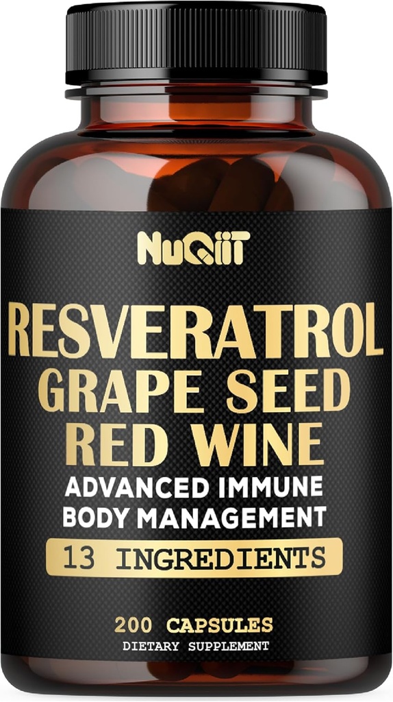Supplément trans resvératrol avec extrait de vin rouge, Imune et complexe de gestion du corps - Echinacea, Bulbe d'ail, Berberine HCI, Thistle de lait et plus - 200 capsules pour 100 portions