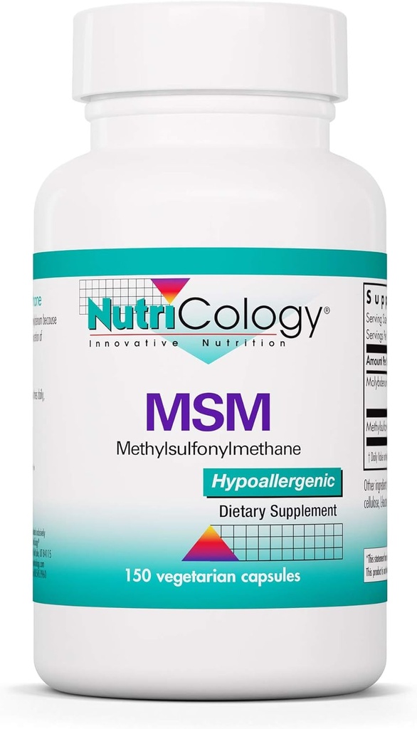 Nutricologie Supplément MSM - Support articulaire, méthylsulfonylméthane, pour la croissance des cheveux, la peau et les ongles, 500 mg Capsules végétariennes - 150 Compte