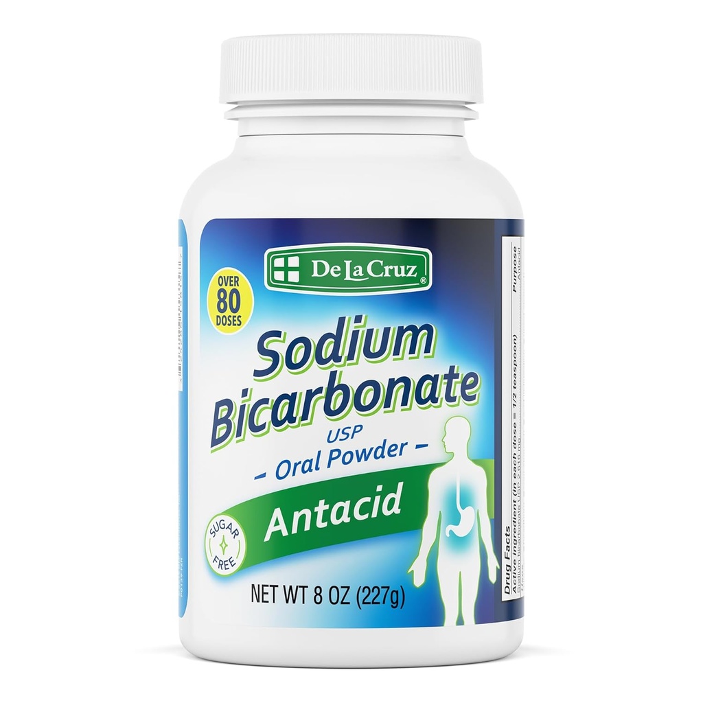 Poudre de bicarbonate de sodium pur De La Cruz – Poudre de bicarbonate de soude et de cuisson Antiacide sans aluminium pour brûlures d'estomac et indigestion – emballé aux États-Unis – 8 OZ.