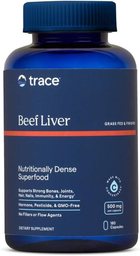 Trace Minerals Foie de boeuf, 500mg - Supplément de soutien à la santé et à l'énergie des os - Supplément nutritionnel aide à la santé de la peau et de l'immunité - foie de boeuf soutient des organes sains - 180 capsules (30 portions)
