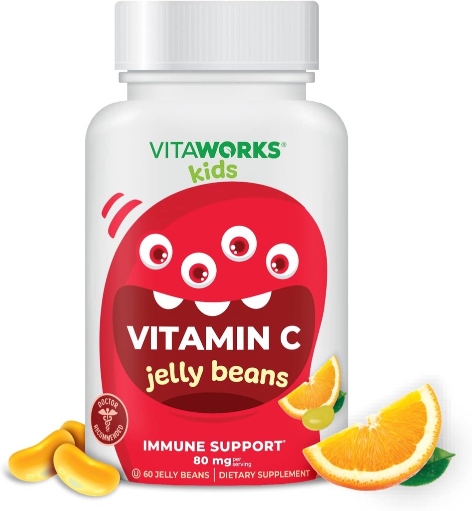 Enfants Vitamine C Haricots de gelée 80mg - Dégustation naturelle de blast orange - Vegan, sans OGM, sans gluten, sans vitamines sans noix - Supplément alimentaire - pour le soutien immunitaire - pour les enfants - 60 gelées