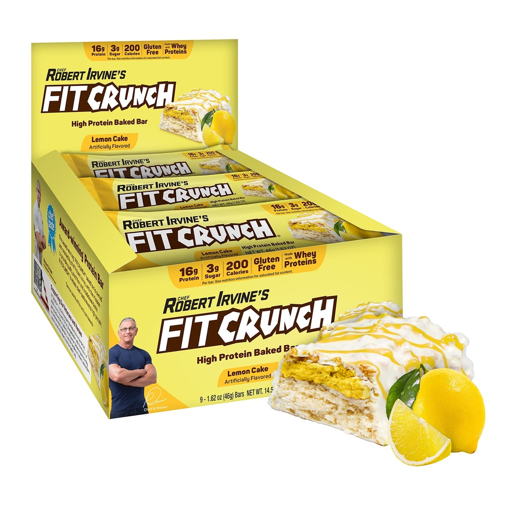 FITCRUNCH Snack taille barres protéinées, 6-Layer Barre cuite, 3g de sucre et de noyau de gâteau doux (9 barres, gâteau citron)