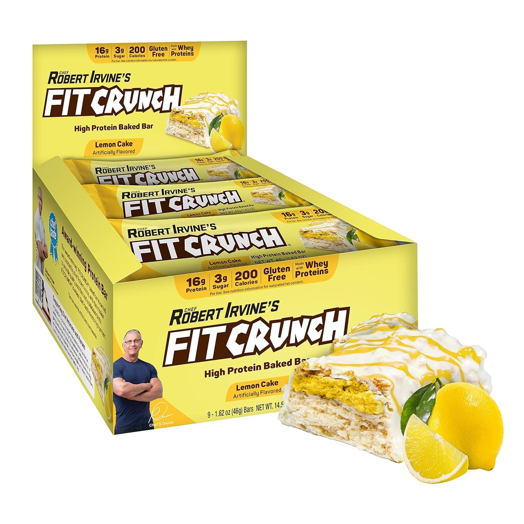 FITCRUNCH Snack taille barres protéinées, 6-Layer Barre cuite, 3g de sucre et de noyau de gâteau doux (9 barres, gâteau citron)