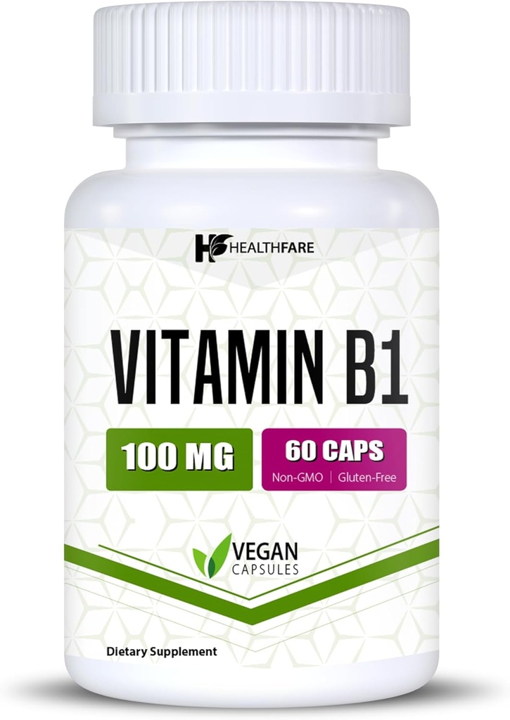 Santé Vitamine B1 100mg.60 Capsules Le supplément de thiamine soutient la santé globale.